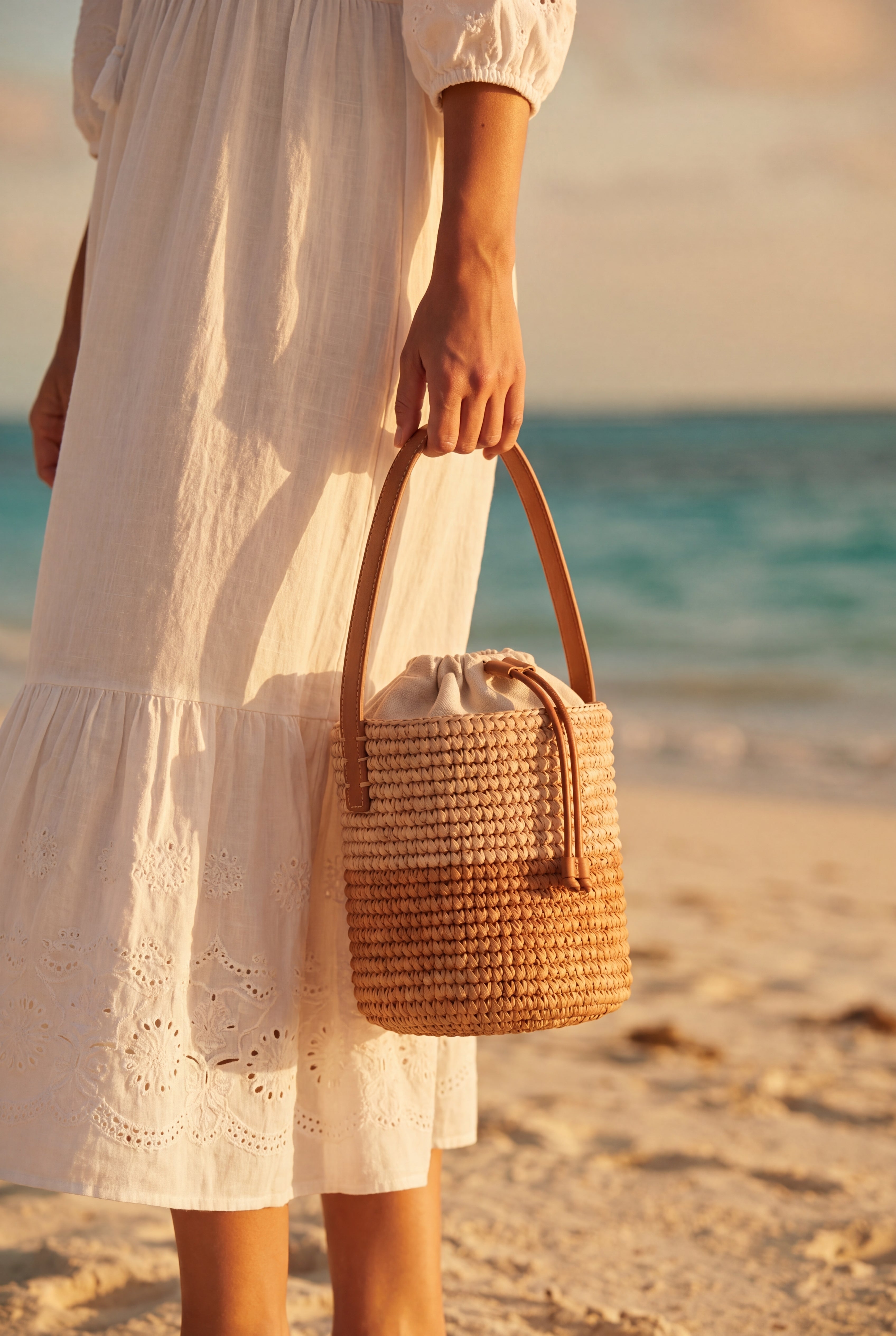 Brown Raffia Bucket Bag