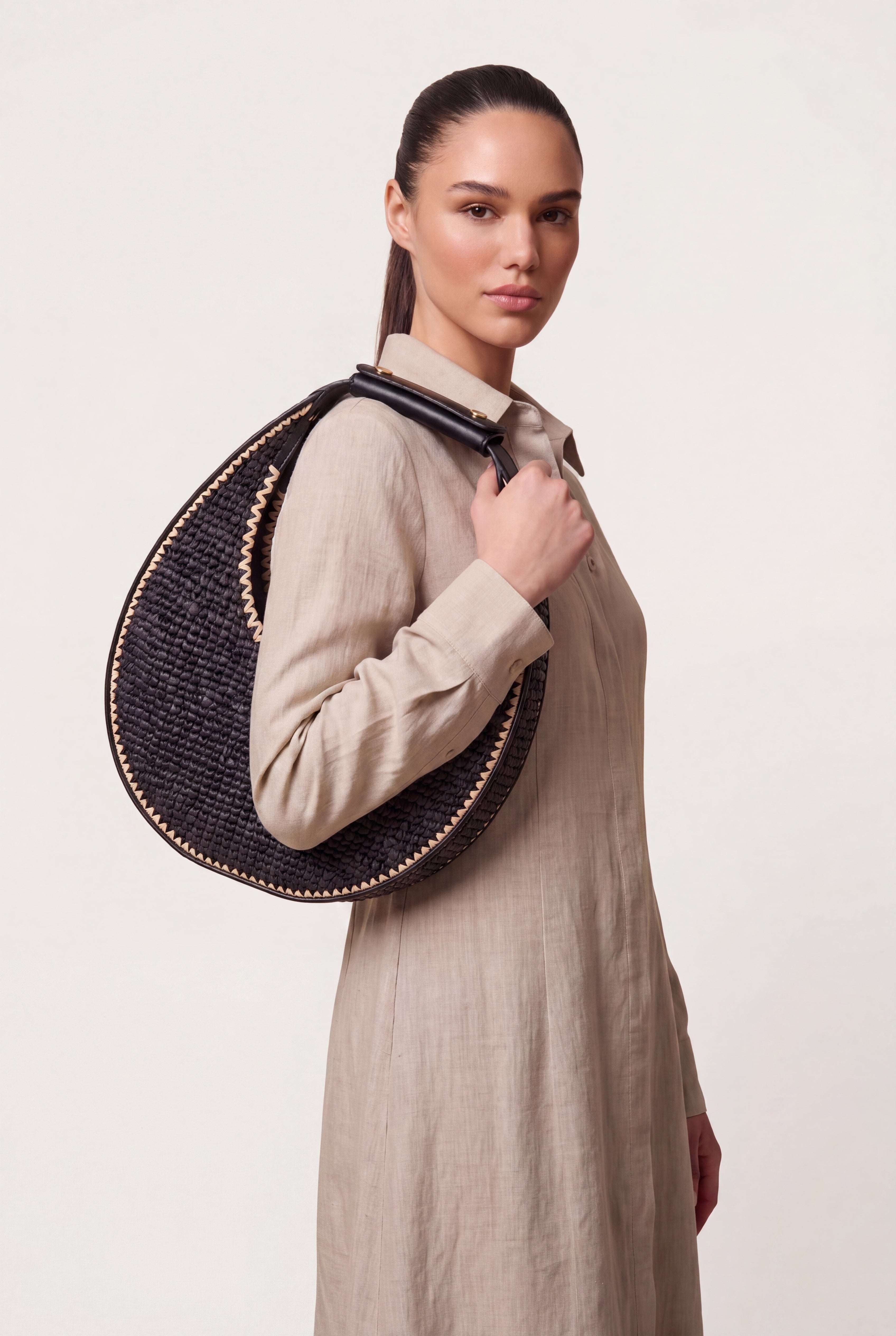Moon Raffia Black Shoulder Bag