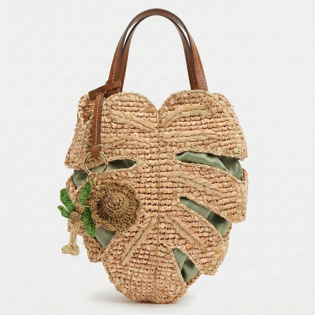 Monstera raffia tote bag front view