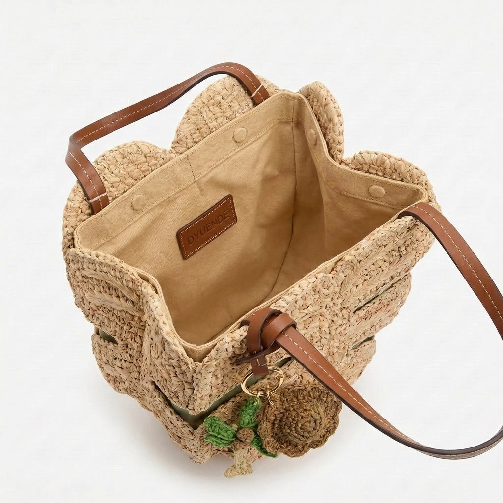 Canvas lining inside Monstera raffia tote bag