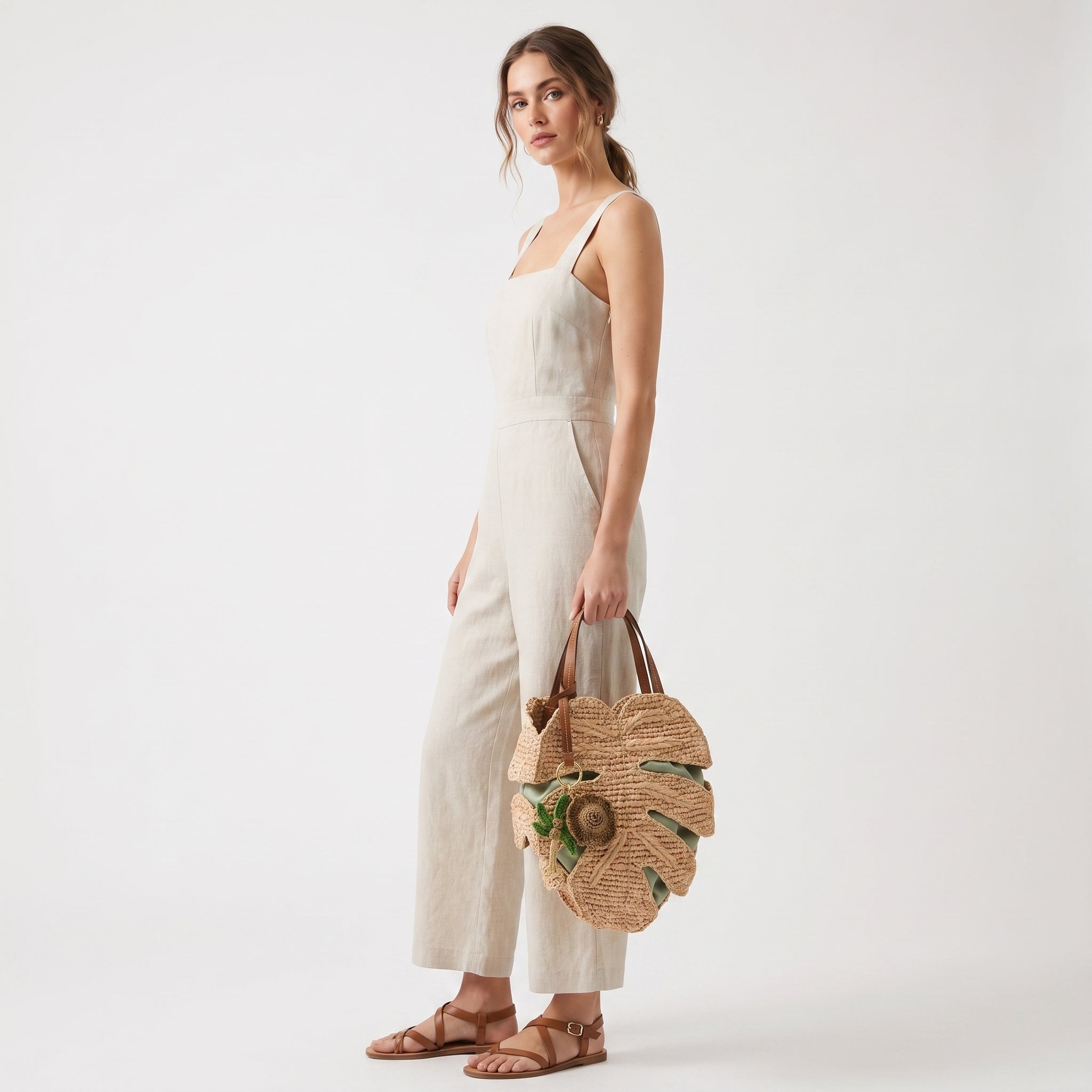 Monstera raffia tote bag styled for resort wear