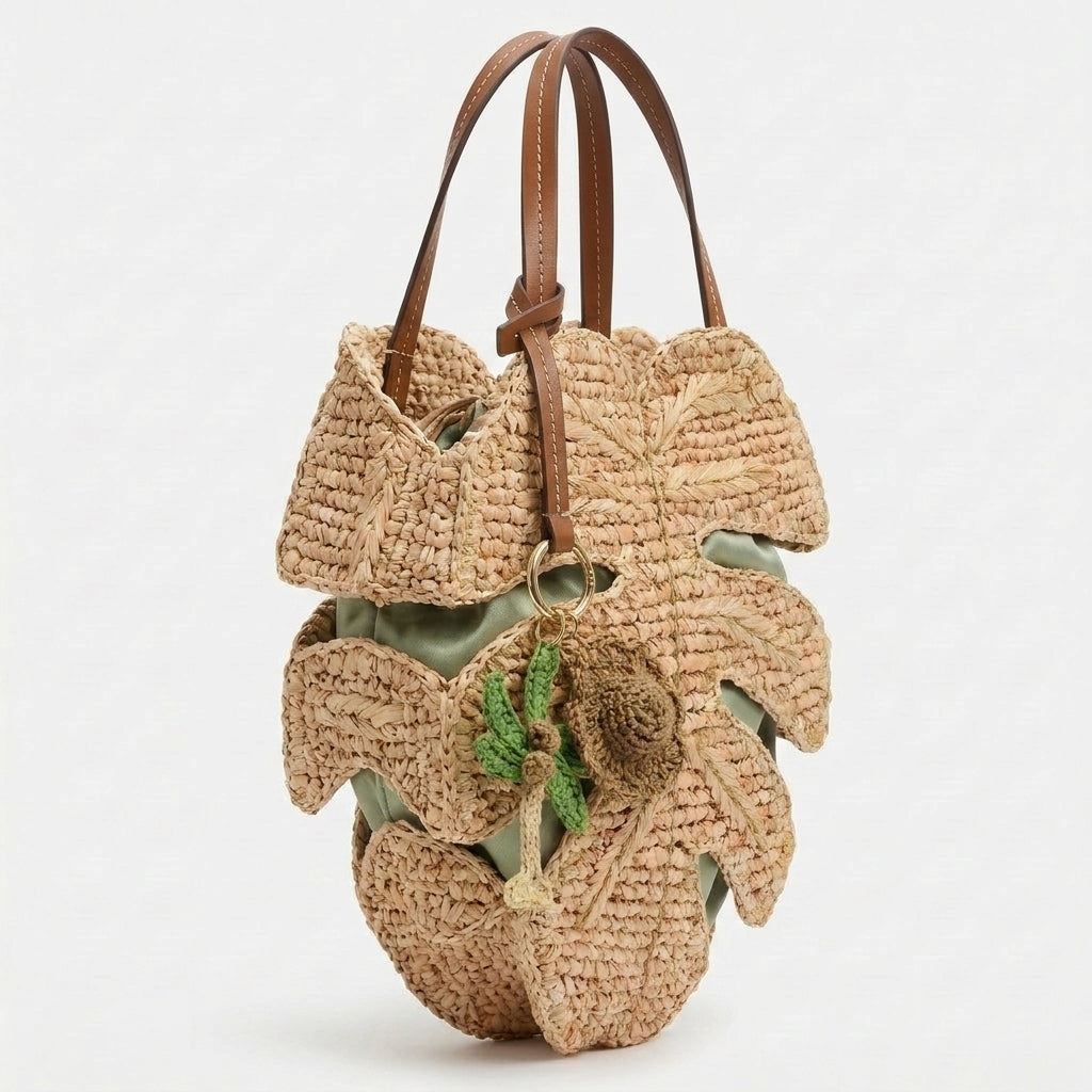 Handmade Monstera raffia tote bag side view