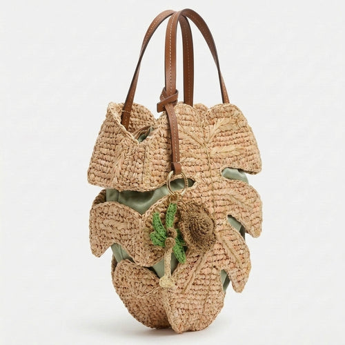 Handmade Monstera raffia tote bag side view