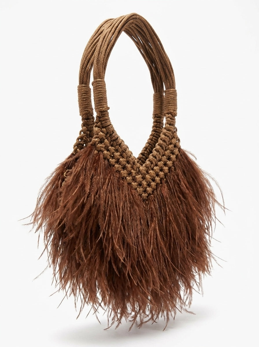 Ostrich-look feather bag in chocolate brown front view