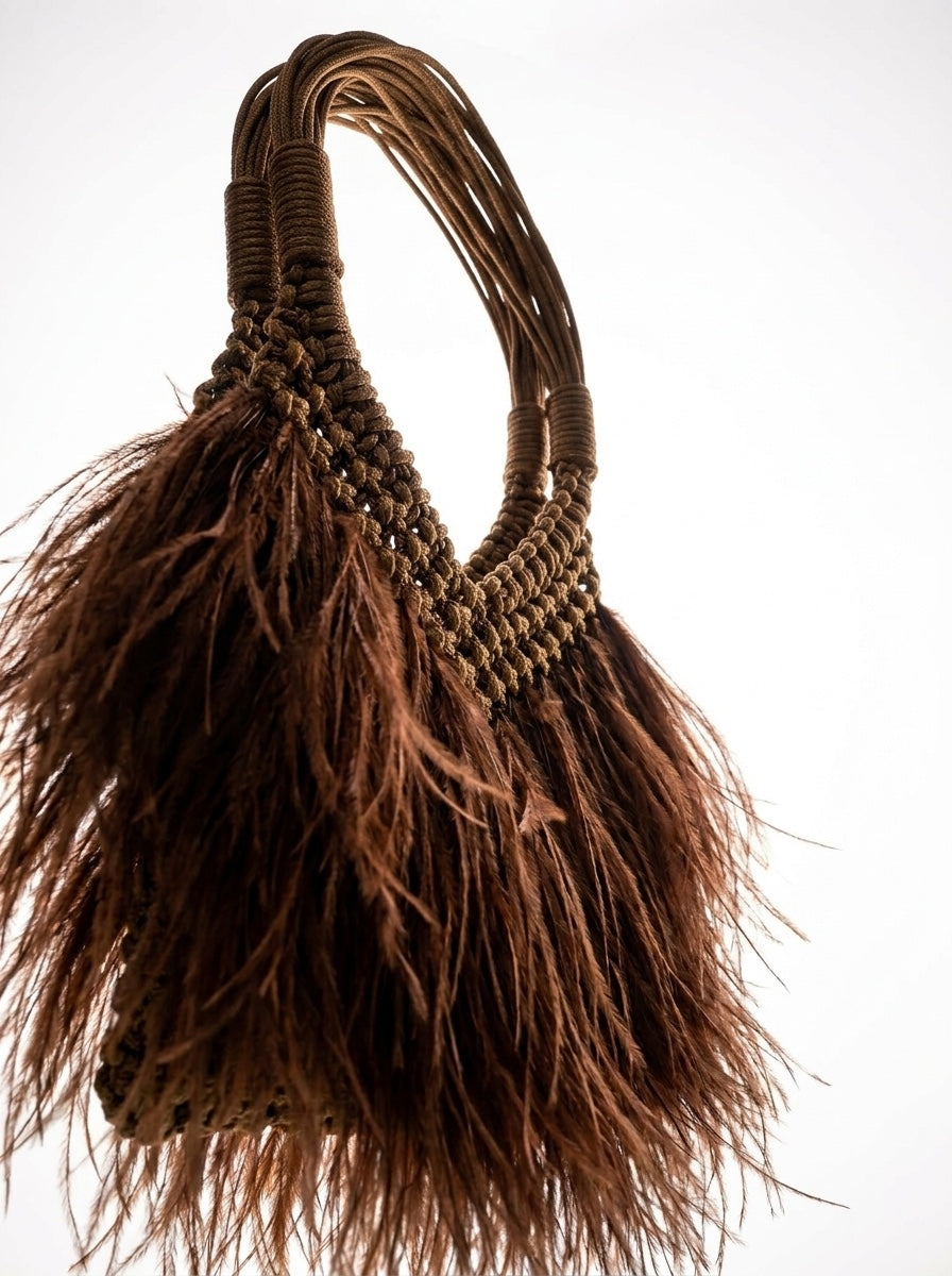 Ostrich-look feather bag in chocolate brown side view