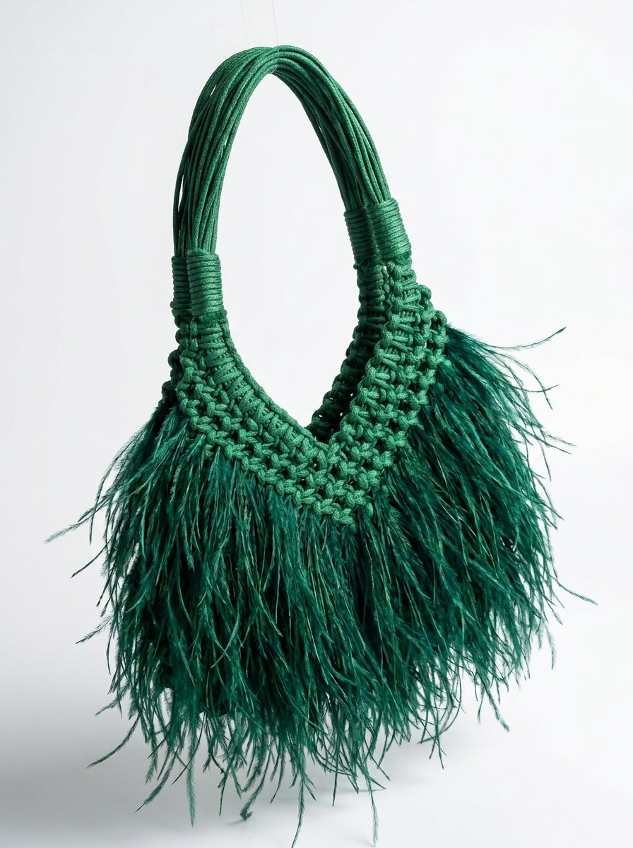 Emerald green ostrich-look feather bag front angle