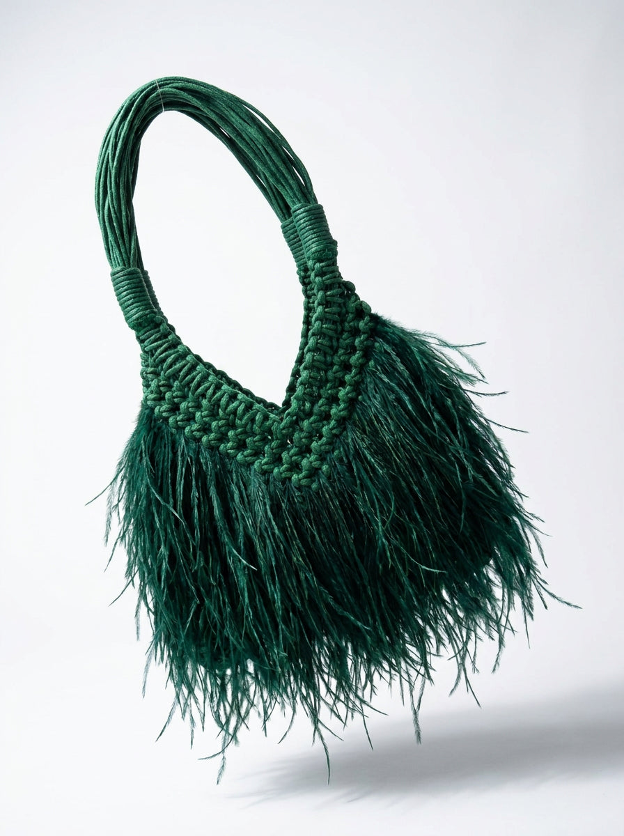 Ostrich-look feather bag in emerald green front view