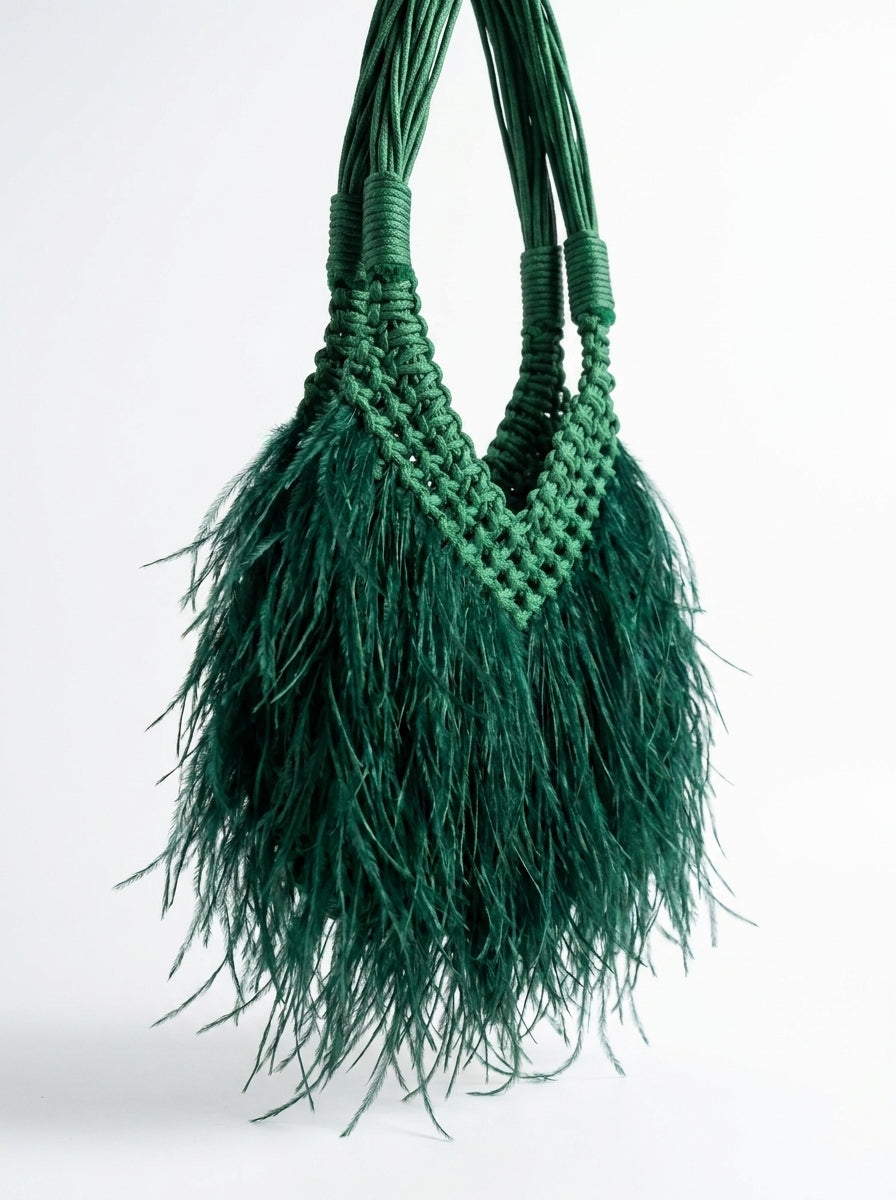 Ostrich-look feather bag in emerald green side view