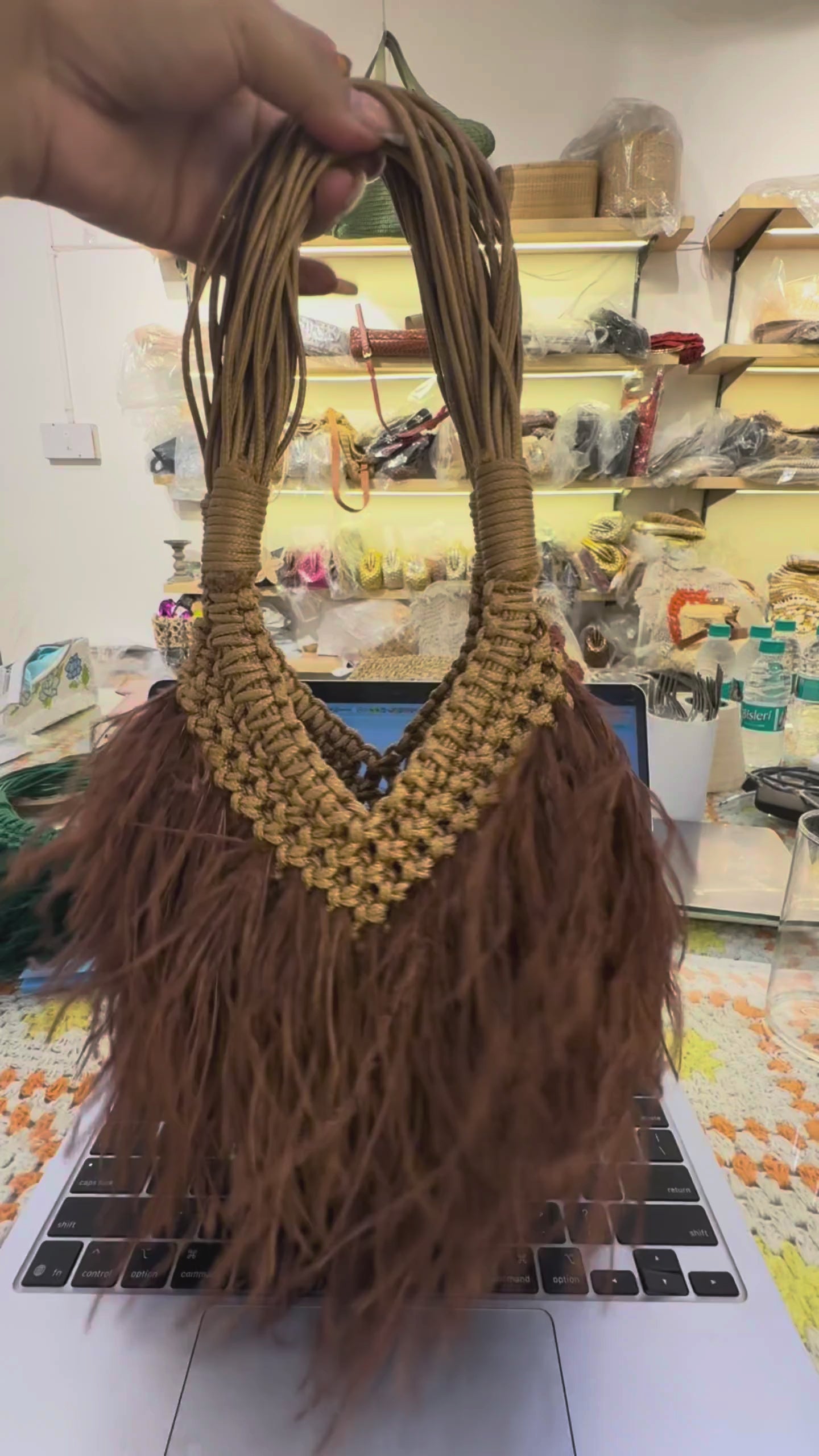 Ostrich-look feather bag in chocolate brown product video