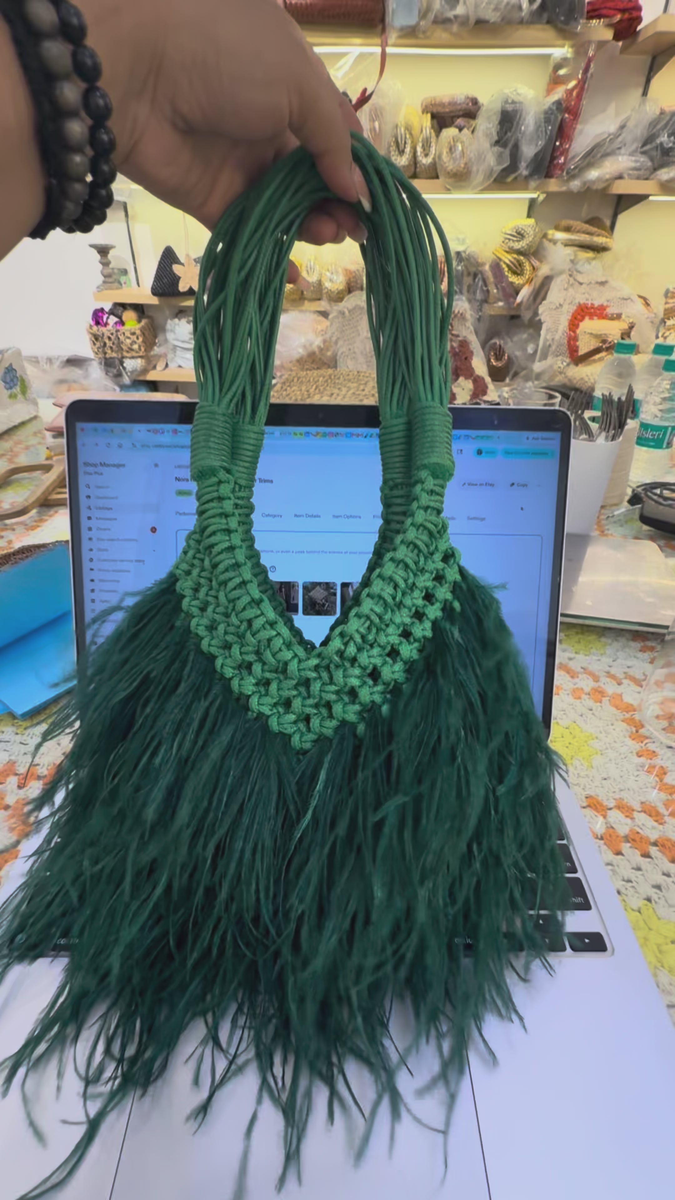 Ostrich-look feather bag in emerald green product video